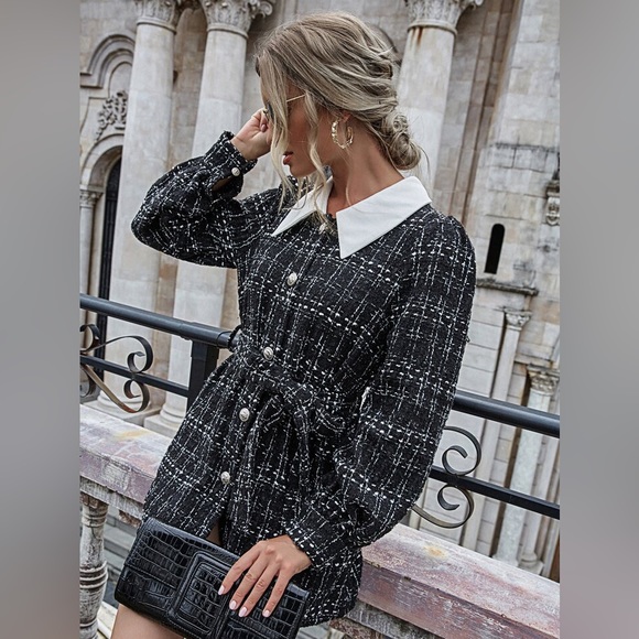 SHEIN Unity Tweed Contrast Collar Belted Coat - Picture 6 of 12